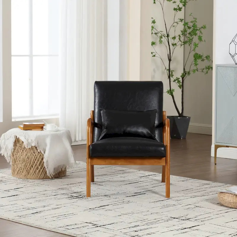 Fauteuil simple à accoudoir, capitonné velours/cuir, à cadre en bois de style Mid-Century Modern pour salon