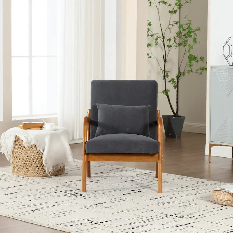 Fauteuil simple à accoudoir, capitonné velours/cuir, à cadre en bois de style Mid-Century Modern pour salon