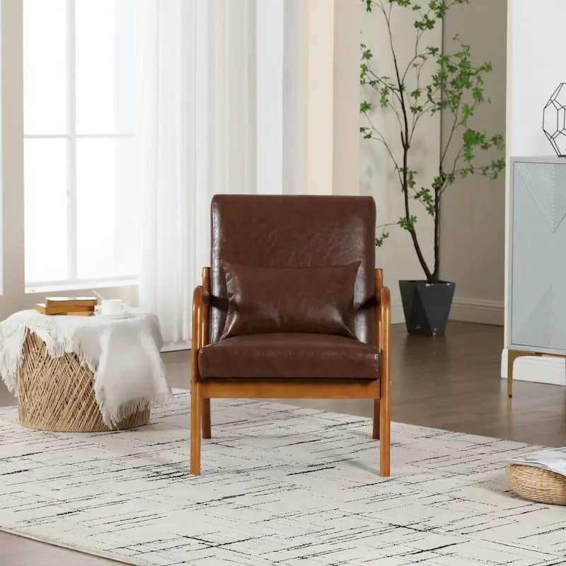 Fauteuil simple à accoudoir, capitonné velours/cuir, à cadre en bois de style Mid-Century Modern pour salon