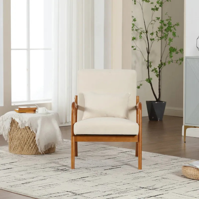 Fauteuil simple à accoudoir, capitonné velours/cuir, à cadre en bois de style Mid-Century Modern pour salon