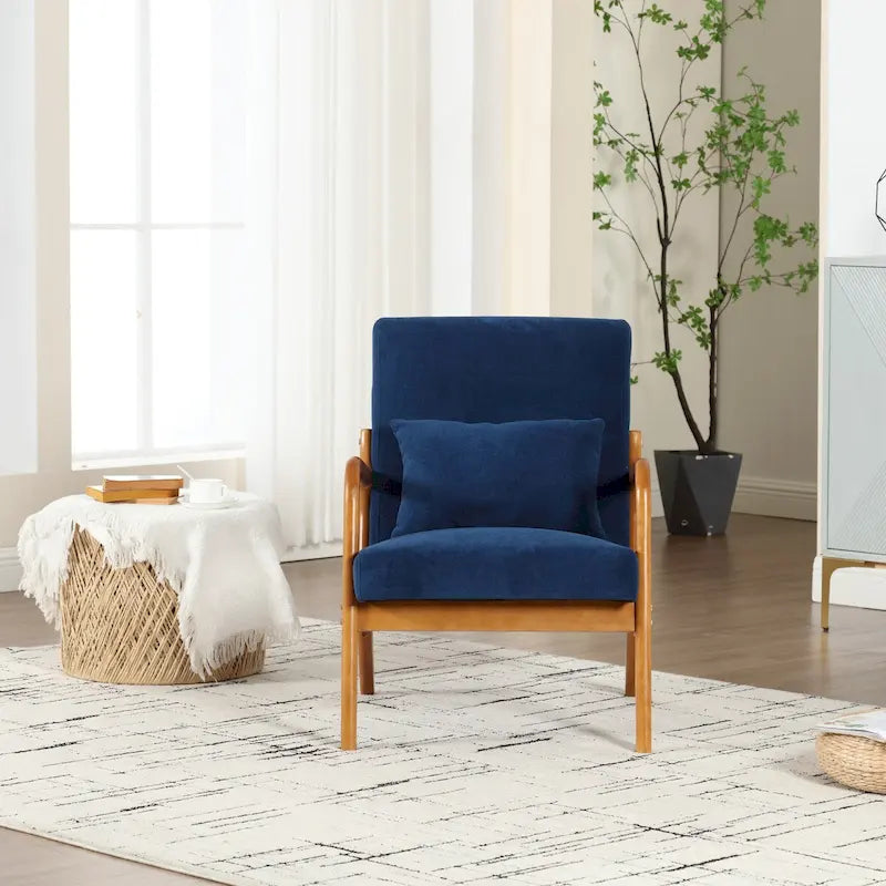 Fauteuil simple à accoudoir, capitonné velours/cuir, à cadre en bois de style Mid-Century Modern pour salon