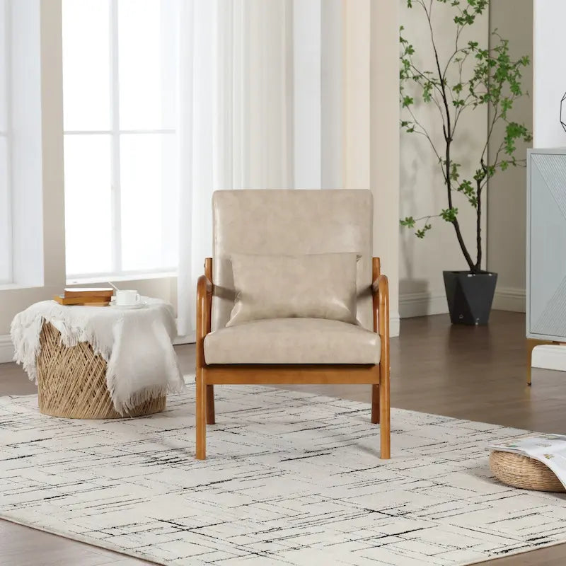 Fauteuil simple à accoudoir, capitonné velours/cuir, à cadre en bois de style Mid-Century Modern pour salon