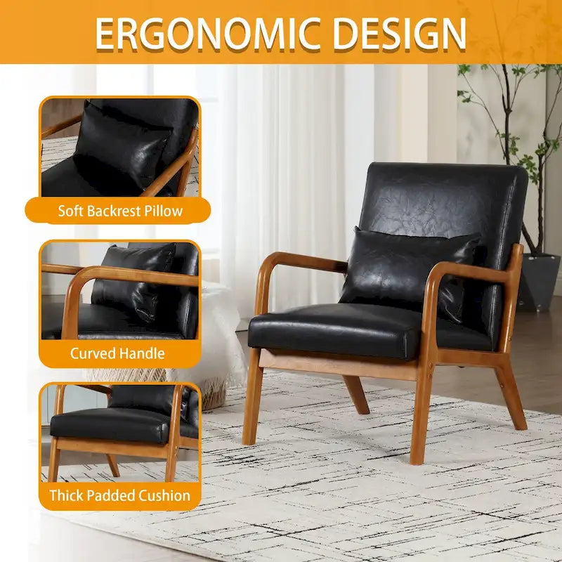 Fauteuil simple à accoudoir, capitonné velours/cuir, à cadre en bois de style Mid-Century Modern pour salon