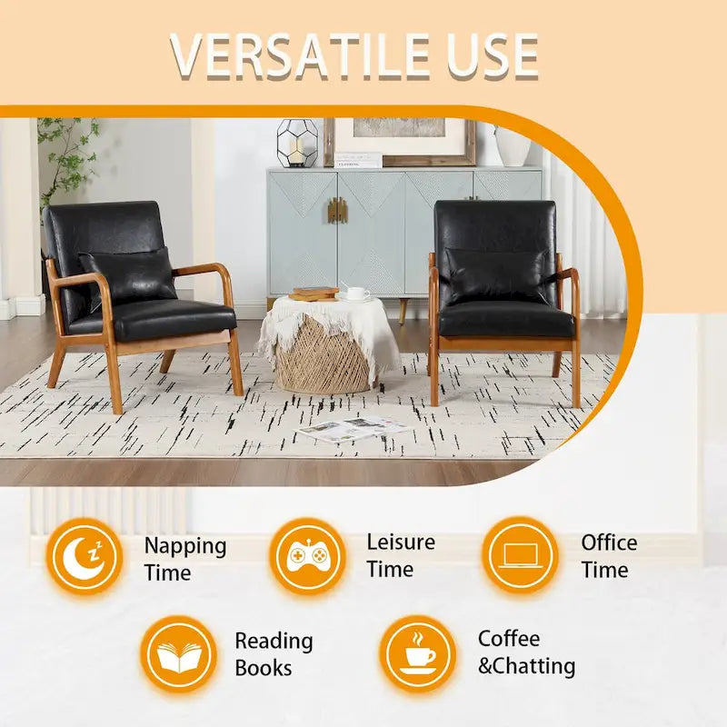 Fauteuil simple à accoudoir, capitonné velours/cuir, à cadre en bois de style Mid-Century Modern pour salon