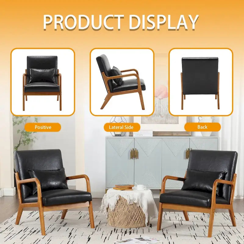 Fauteuil simple à accoudoir, capitonné velours/cuir, à cadre en bois de style Mid-Century Modern pour salon