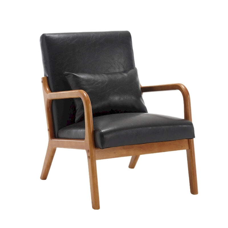 Fauteuil simple à accoudoir, capitonné velours/cuir, à cadre en bois de style Mid-Century Modern pour salon