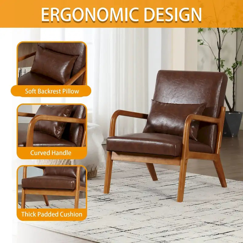 Fauteuil simple à accoudoir, capitonné velours/cuir, à cadre en bois de style Mid-Century Modern pour salon