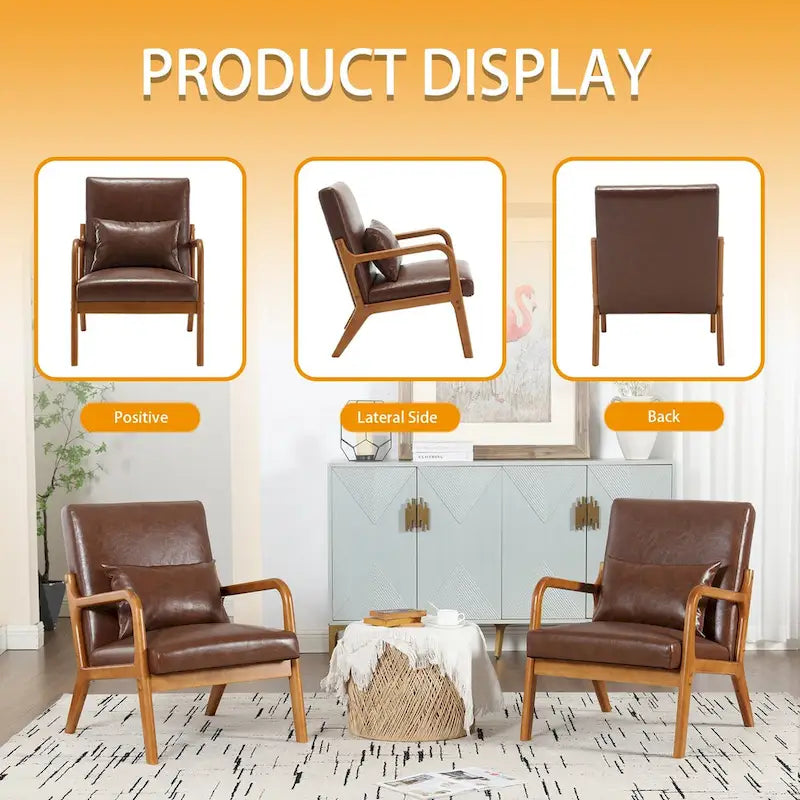 Fauteuil simple à accoudoir, capitonné velours/cuir, à cadre en bois de style Mid-Century Modern pour salon