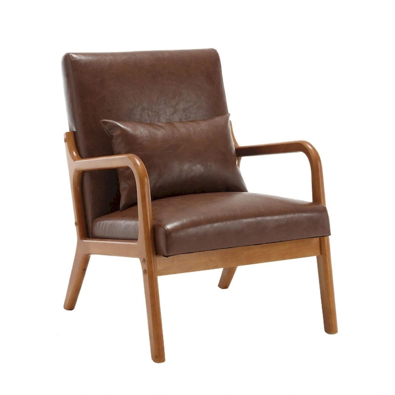 Fauteuil simple à accoudoir, capitonné velours/cuir, à cadre en bois de style Mid-Century Modern pour salon