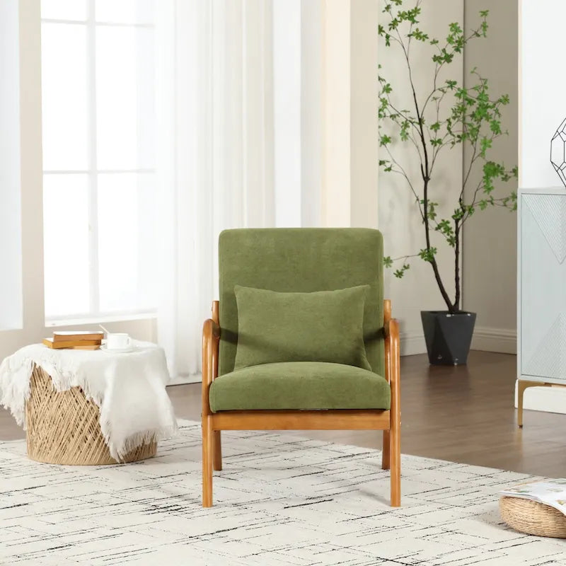 Fauteuil simple à accoudoir, capitonné velours/cuir, à cadre en bois de style Mid-Century Modern pour salon