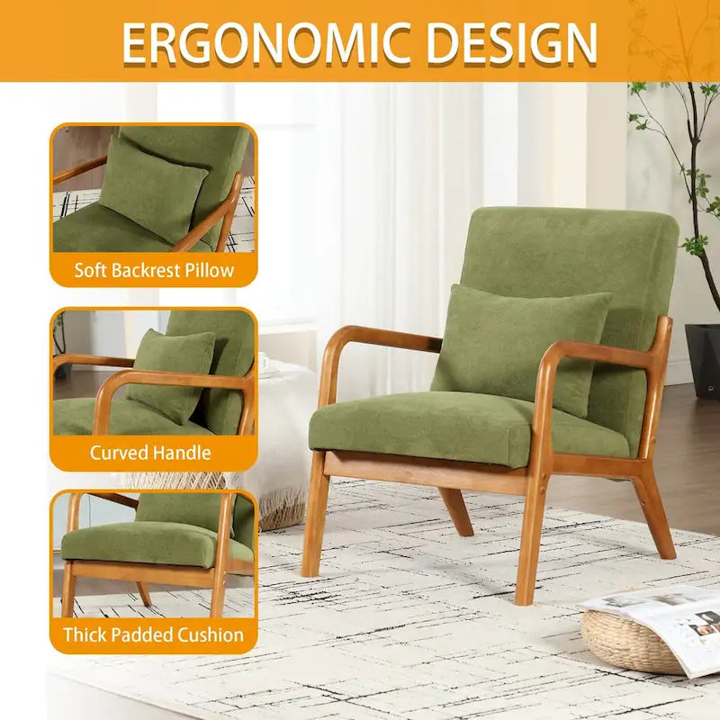 Fauteuil simple à accoudoir, capitonné velours/cuir, à cadre en bois de style Mid-Century Modern pour salon