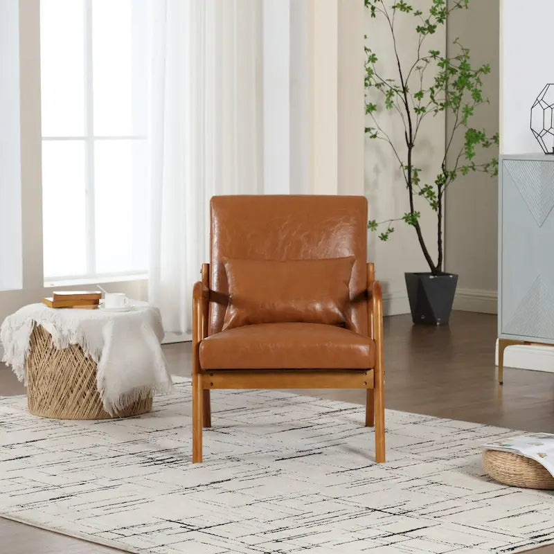 Fauteuil simple à accoudoir, capitonné velours/cuir, à cadre en bois de style Mid-Century Modern pour salon
