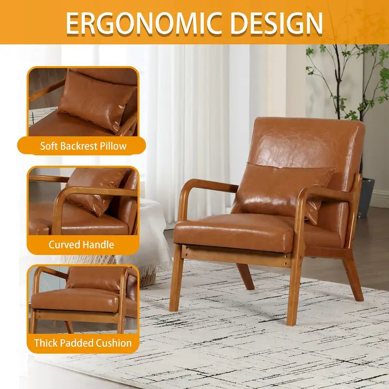 Fauteuil simple à accoudoir, capitonné velours/cuir, à cadre en bois de style Mid-Century Modern pour salon