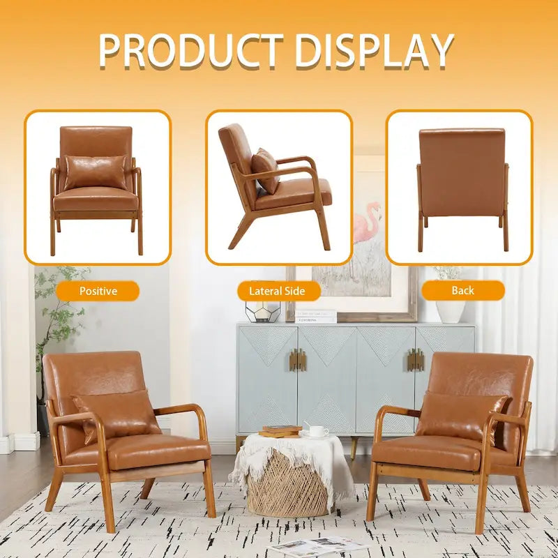 Fauteuil simple à accoudoir, capitonné velours/cuir, à cadre en bois de style Mid-Century Modern pour salon