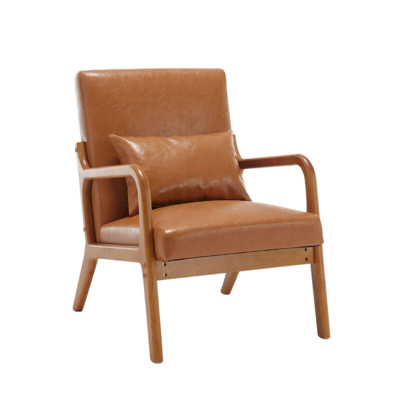 Fauteuil simple à accoudoir, capitonné velours/cuir, à cadre en bois de style Mid-Century Modern pour salon