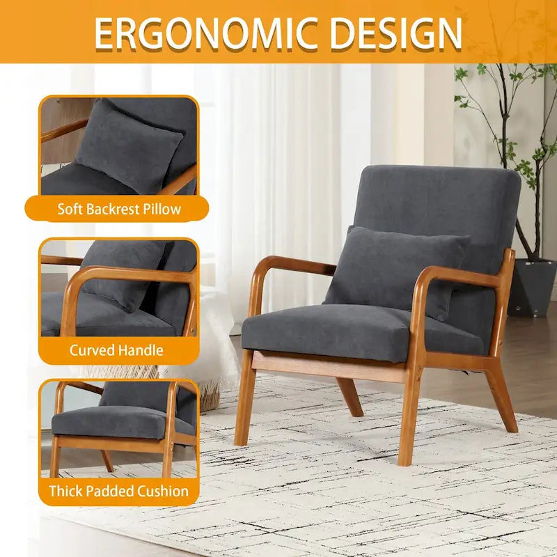 Fauteuil simple à accoudoir, capitonné velours/cuir, à cadre en bois de style Mid-Century Modern pour salon