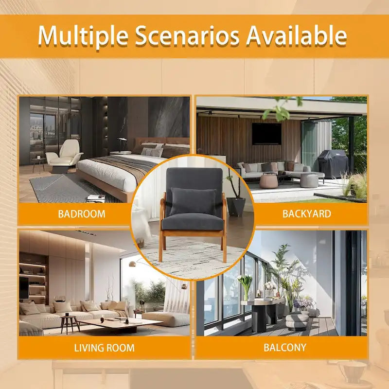 Fauteuil simple à accoudoir, capitonné velours/cuir, à cadre en bois de style Mid-Century Modern pour salon