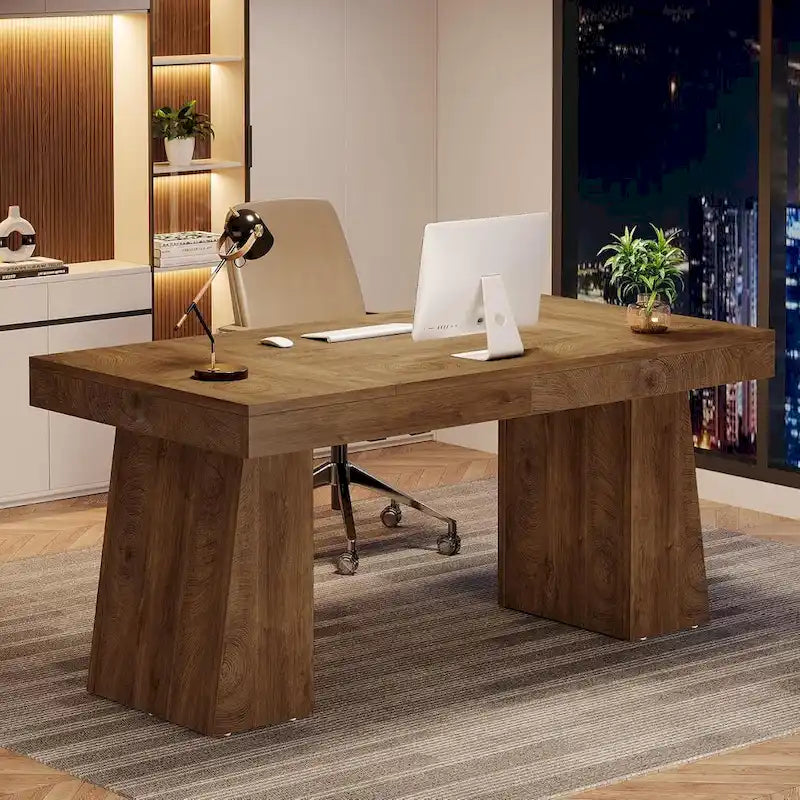 Bureau exécutif en bois brun de style Mid-Century pour bureau à domicile