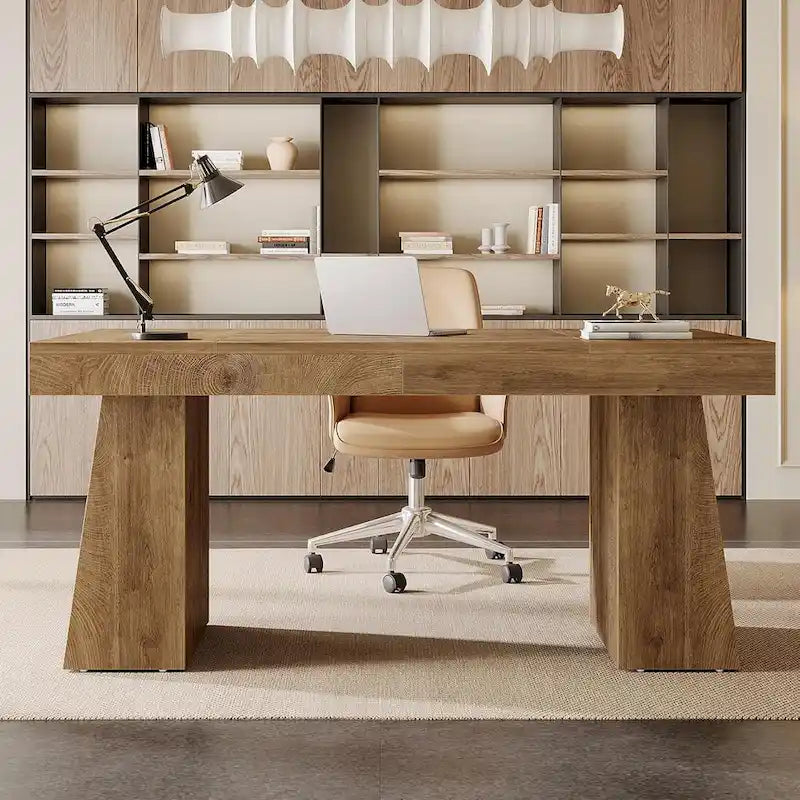 Bureau exécutif en bois brun de style Mid-Century pour bureau à domicile