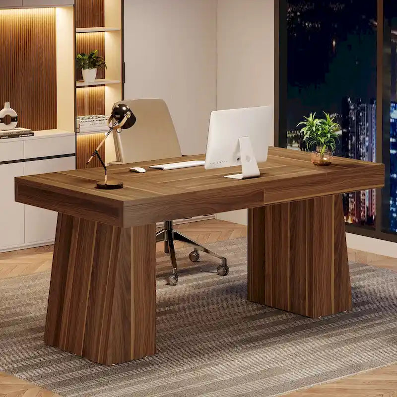 Bureau exécutif en bois brun de style Mid-Century pour bureau à domicile