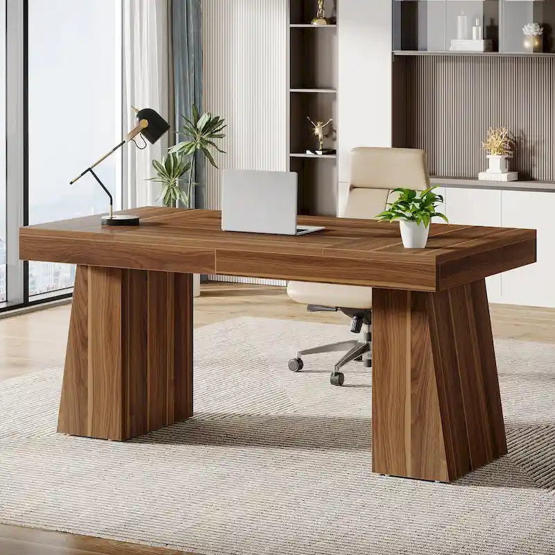 Bureau exécutif en bois brun de style Mid-Century pour bureau à domicile