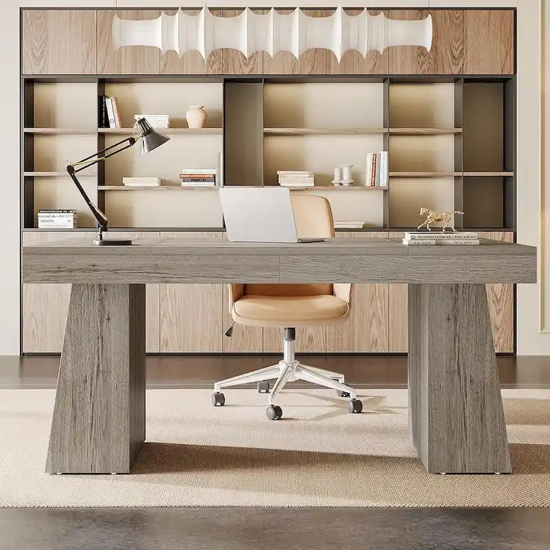 Bureau exécutif en bois brun de style Mid-Century pour bureau à domicile